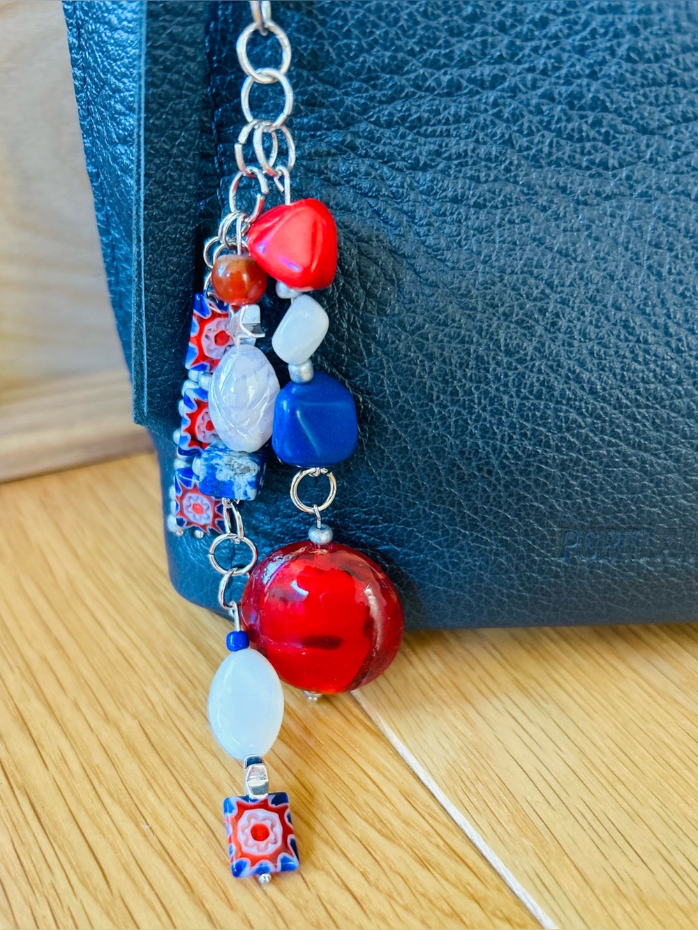 Beaded 4th of July Day Red & Blue purse bag Charm Keychain flair tassel